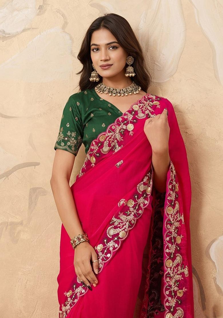 Pink Embroidered Fendi Saree Set - Indya