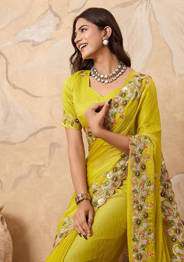 Yellow Embroidered Fendi Saree Set - Indya