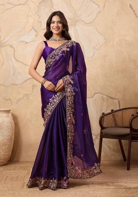 Purple Embroidered Zimmy Choo Saree Set