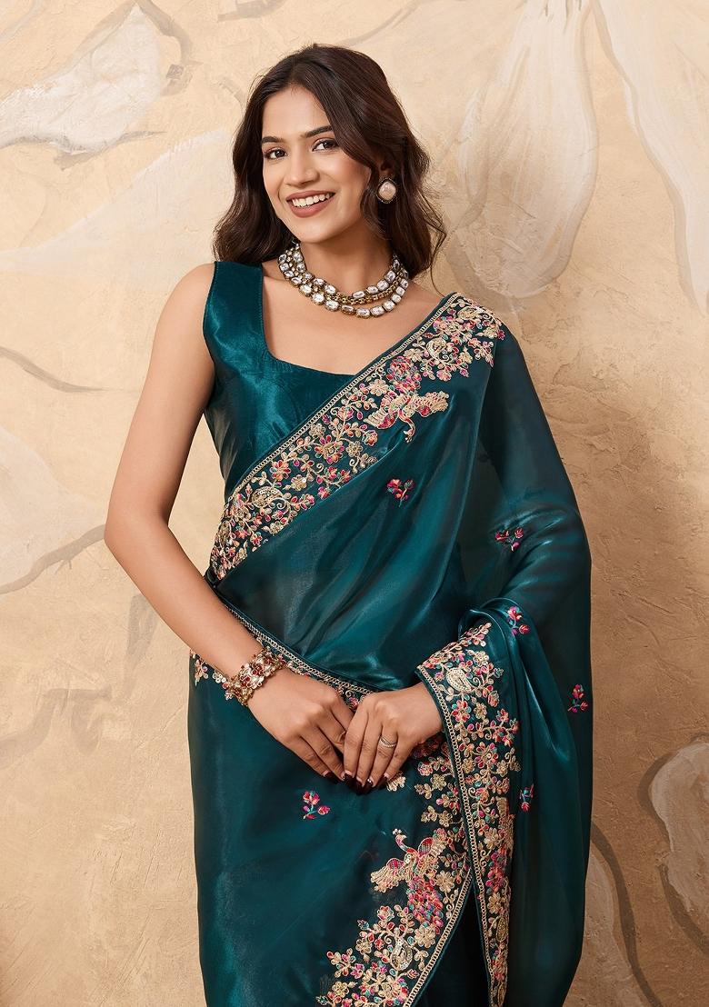 Teal Embroidered Zimmy Choo Saree Set - Indya