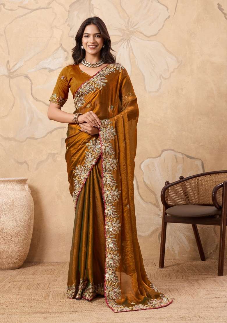 Golden Embroidered Fendi Saree Set for Diwali and Festive Wear - Indya