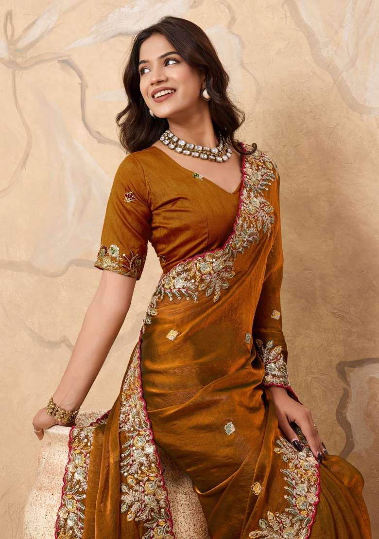 Golden Embroidered Fendi Saree Set for Diwali and Festive Wear - Indya