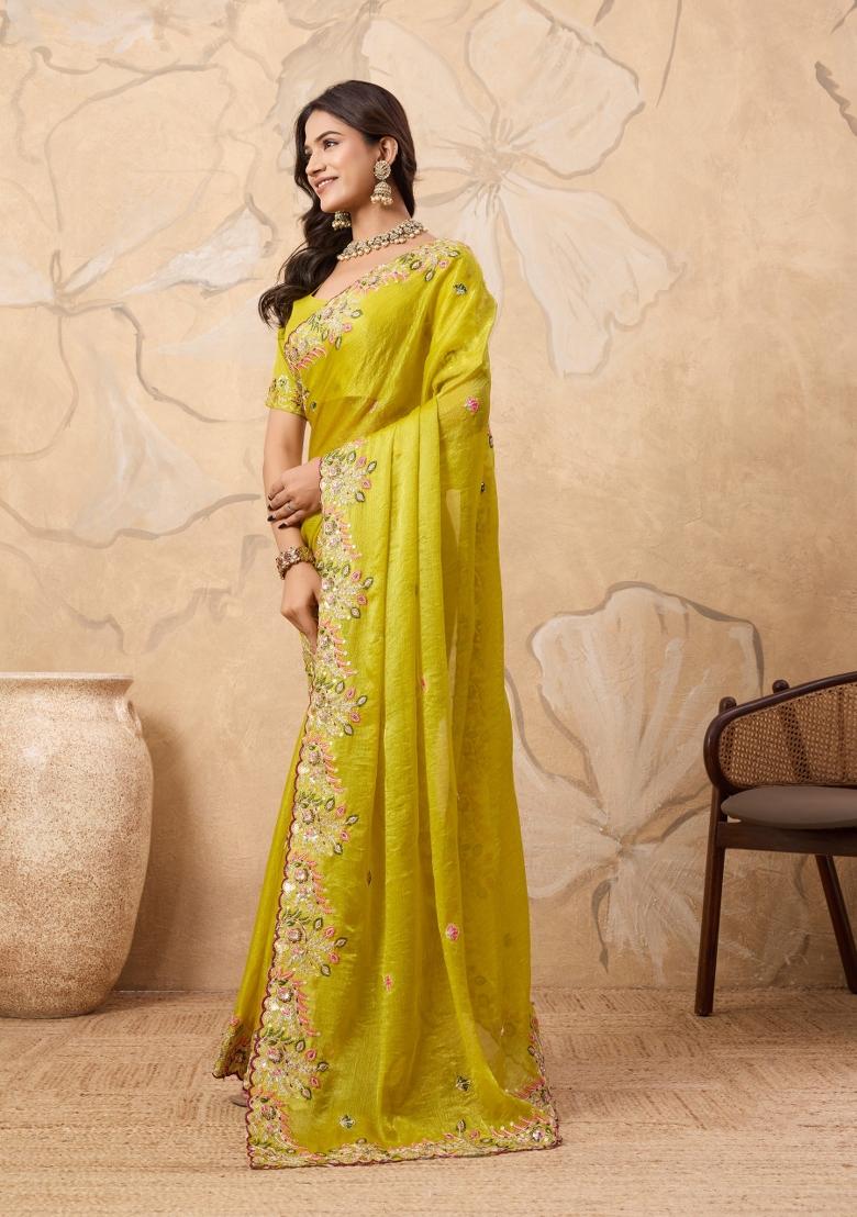 Yellow Embroidered Fendi Saree Set - Indya