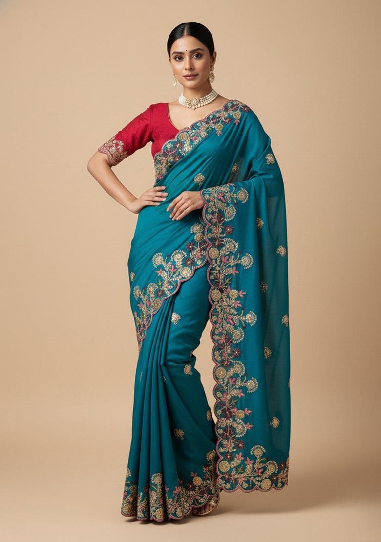 Blue Embroidered Fendi Saree Set - Indya