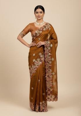 Brown Embroidered Fendi Saree Set