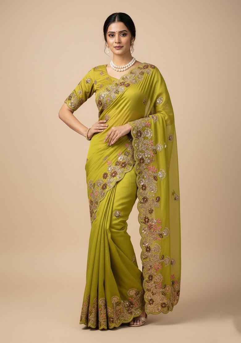 Parrot Green Embroidered Fendi Saree Set - Indya