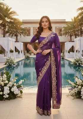 Purple Embroidered Silk Saree Set