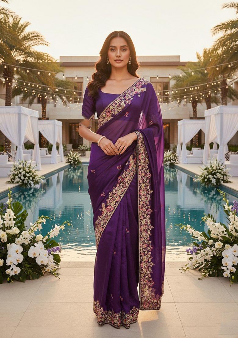 Purple Embroidered Silk Saree Set - Indya