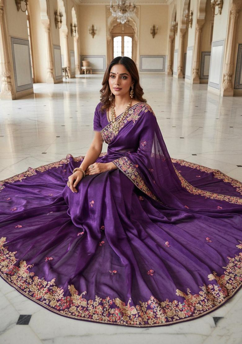 Purple Embroidered Silk Saree Set - Indya