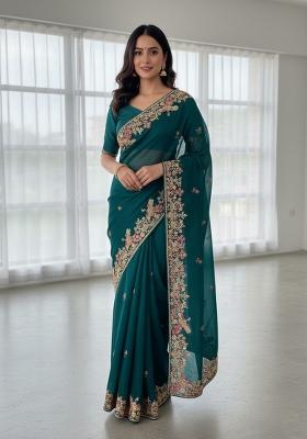 Teal Embroidered Silk Saree Set