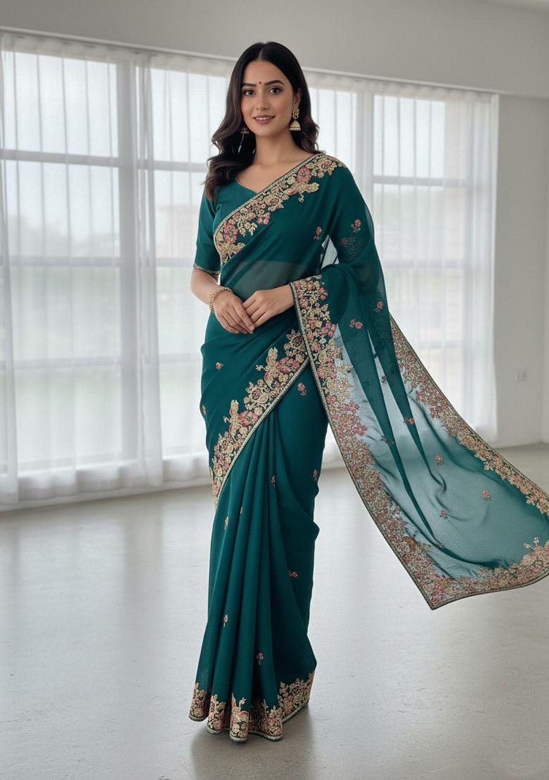 Teal Embroidered Silk Saree Set - Indya