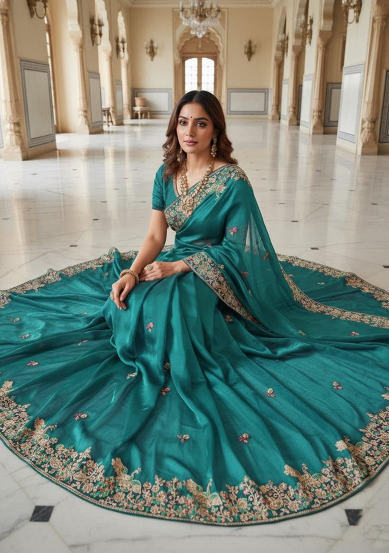 Teal Embroidered Silk Saree Set - Indya
