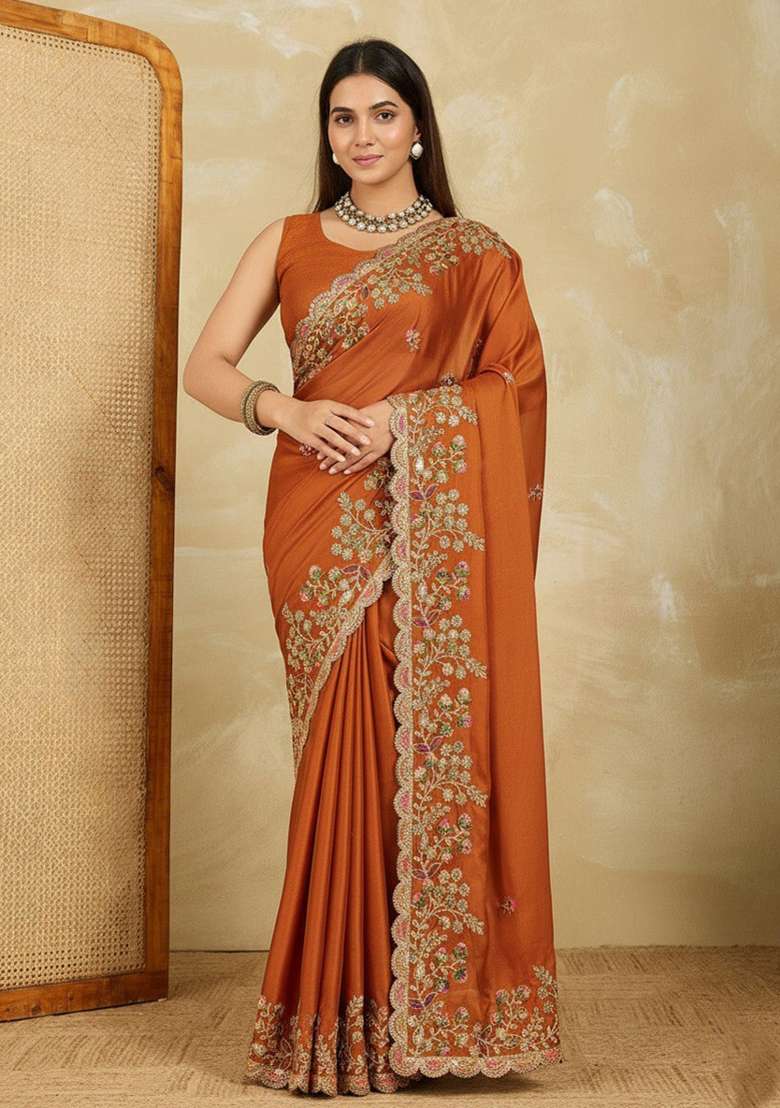 Orange Embroidered Silk Saree Set for Diwali and Festive Wear - Indya