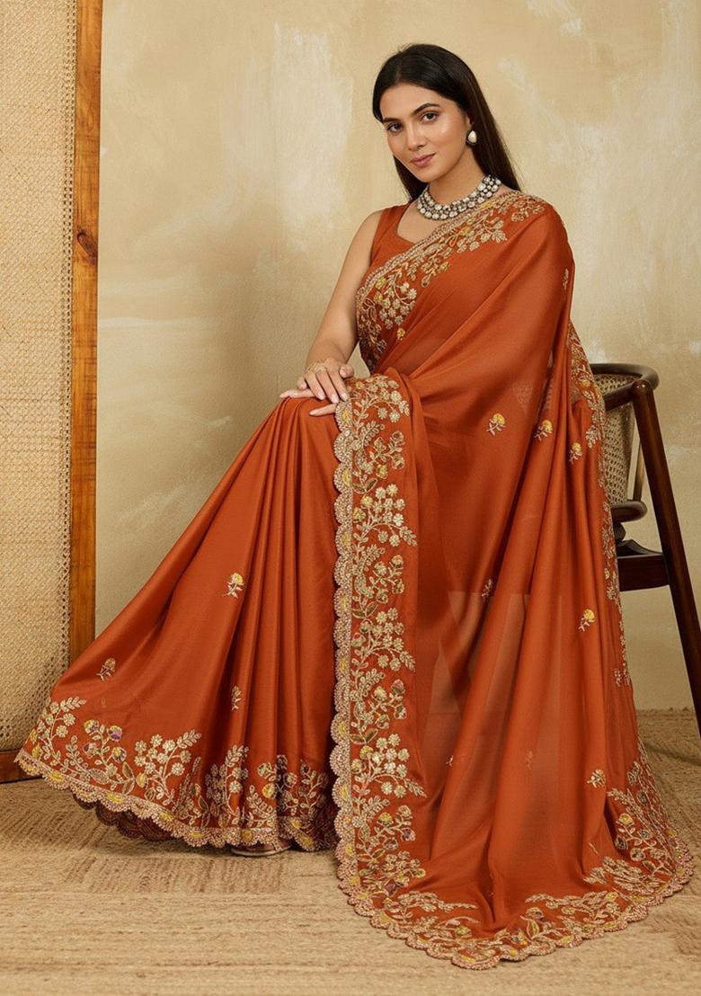 Orange Embroidered Silk Saree Set - Indya