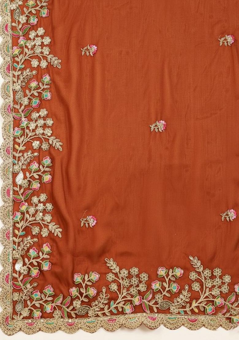 Orange Embroidered Silk Saree Set - Indya
