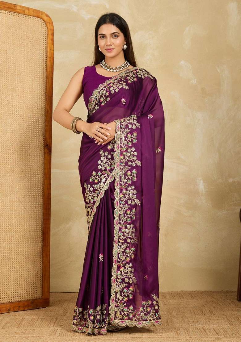 Wine Embroidered Silk Saree Set for Diwali and Festive Wear - Indya