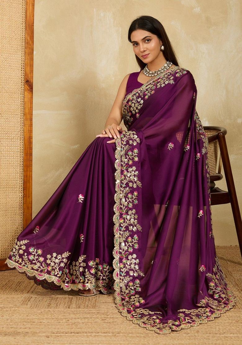 Wine Embroidered Silk Saree Set - Indya