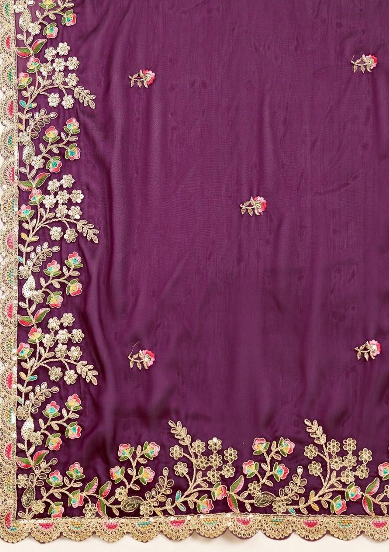 Wine Embroidered Silk Saree Set - Indya