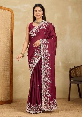 Burgundy Embroidered Silk Saree Set