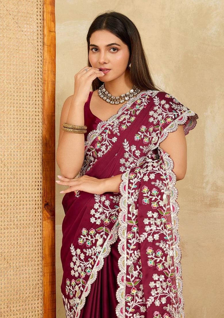 Burgundy Embroidered Silk Saree Set - Indya