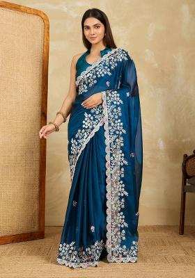 Teal Embroidered Silk Saree Set