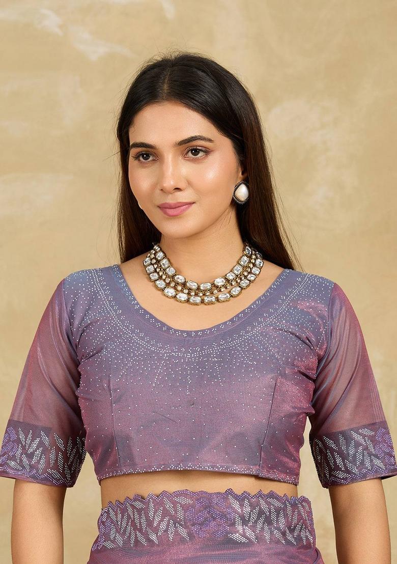 Lavender Cutwork Net Saree Set - Indya