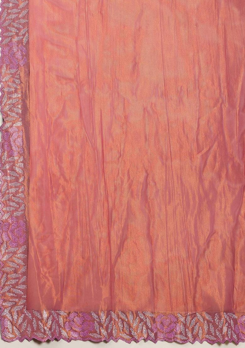 Pink Cutwork Net Saree Set - Indya