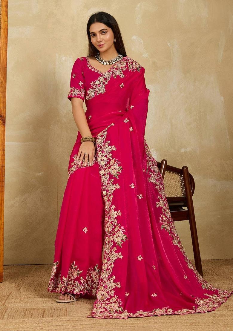Pink Embroidered Fendi Saree Set - Indya