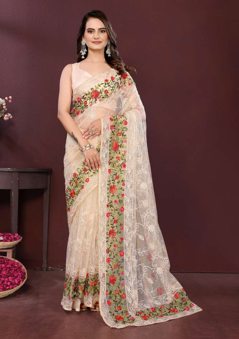 Cream Net Saree Set with Embroidered for Diwali | Wedding & Festive Wear - Indya