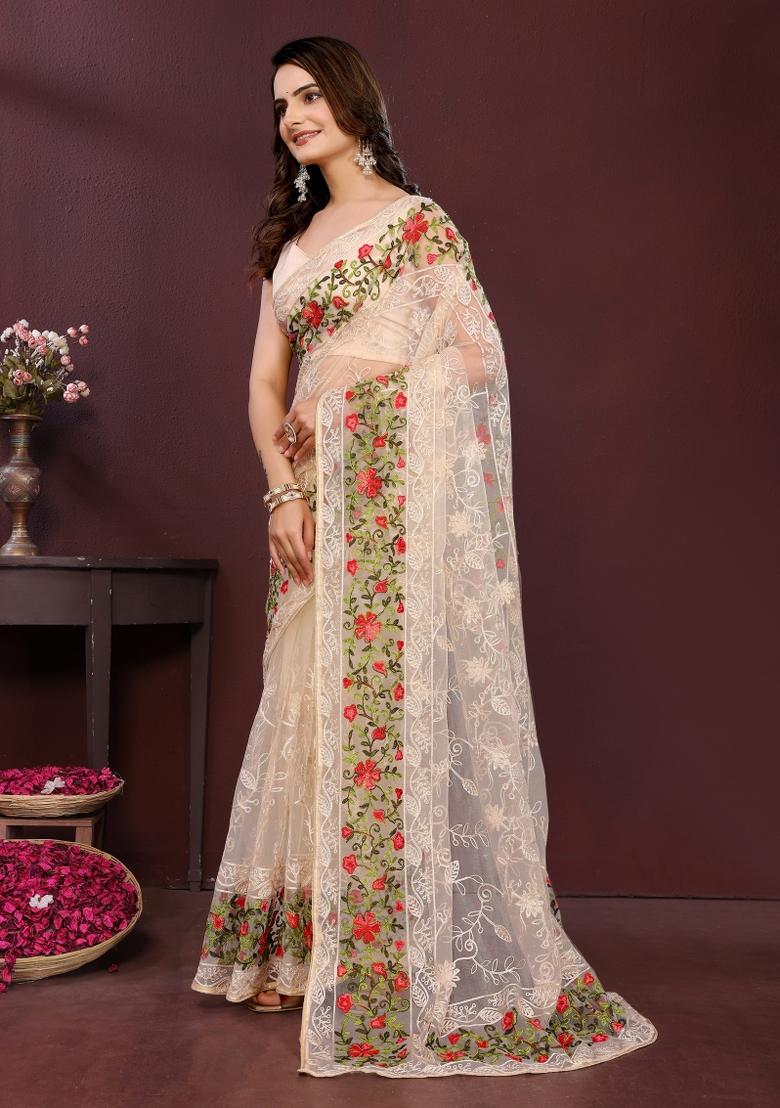 Cream Embroidered Net Saree Set - Indya