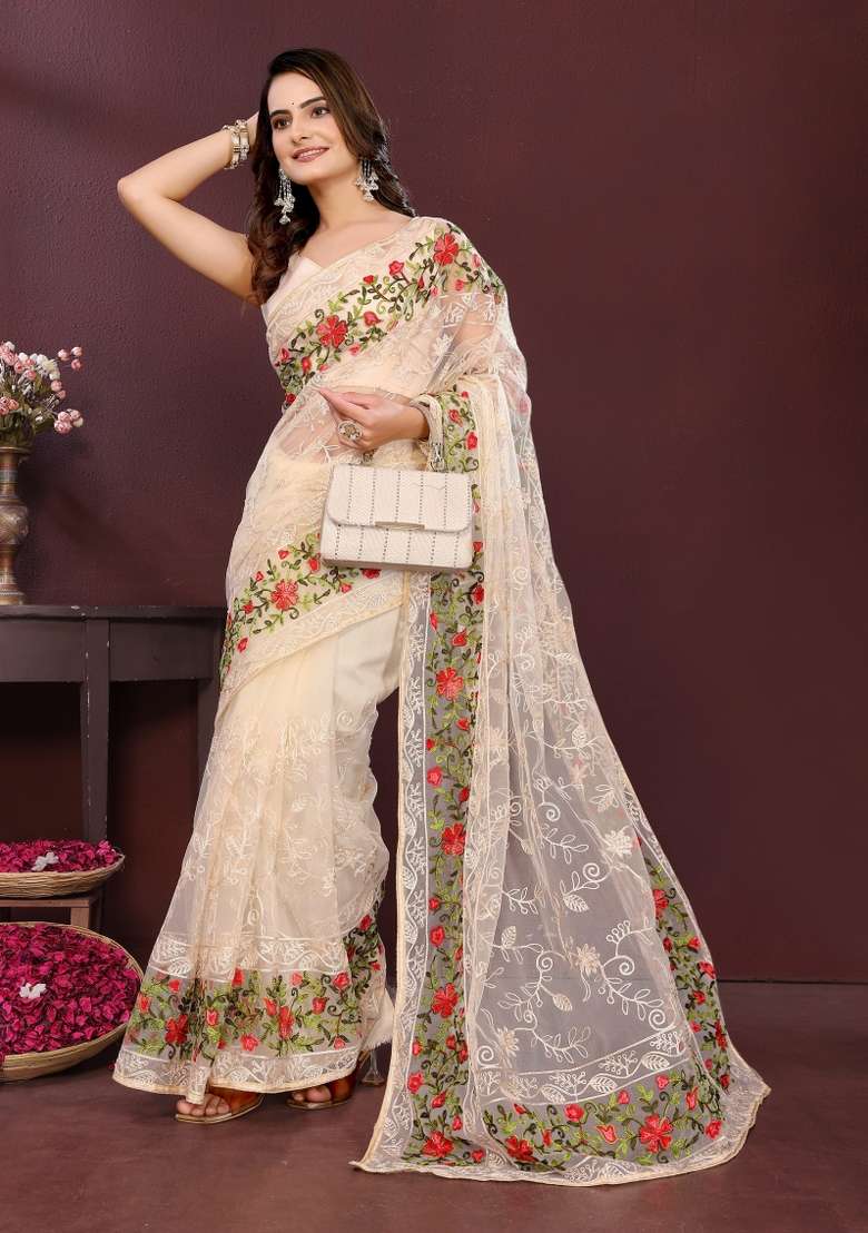 Cream Net Saree Set with Embroidered for Diwali | Wedding & Festive Wear - Indya
