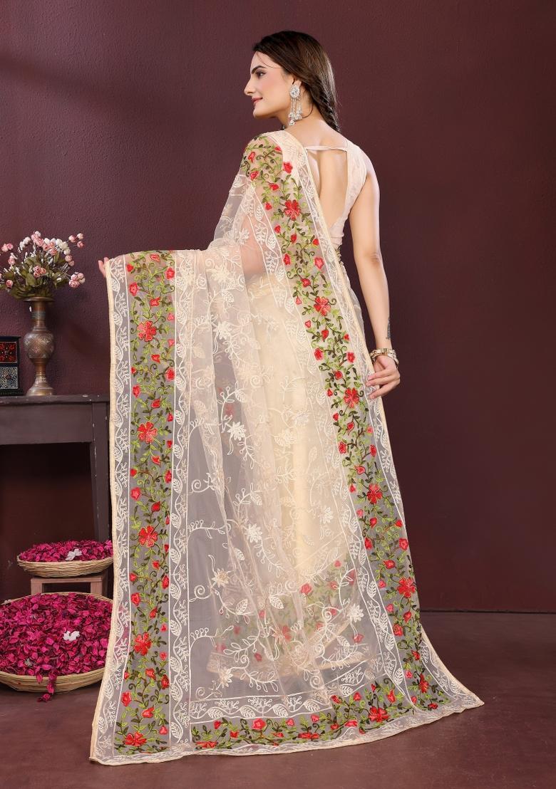 Cream Embroidered Net Saree Set - Indya