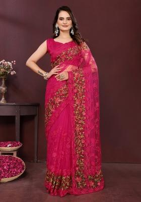 Pink Embroidered Net Saree Set
