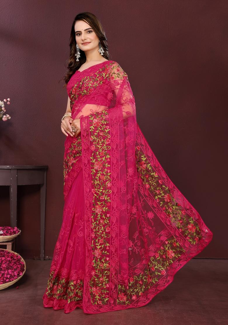 Pink Embroidered Net Saree Set - Indya