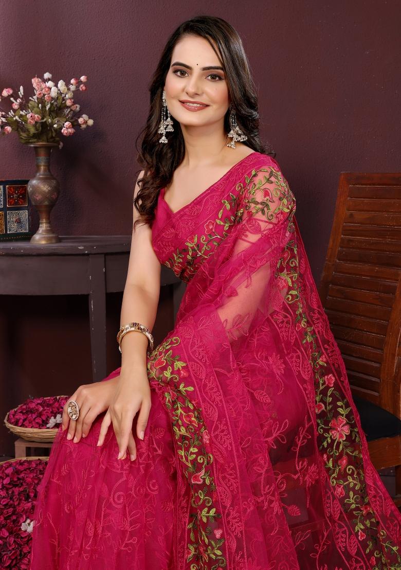 Pink Embroidered Net Saree Set - Indya