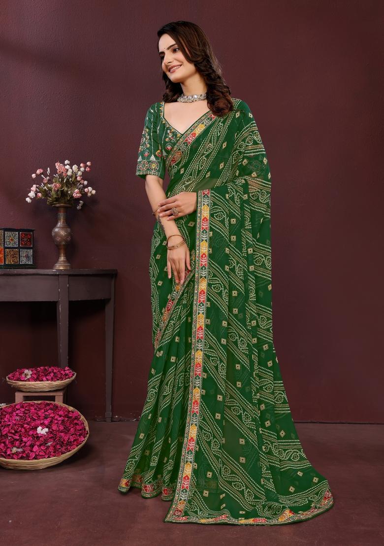 Green Embroidered Georgette Saree Set - Indya