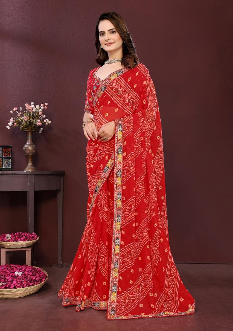 Red Embroidered Georgette Saree Set - Indya