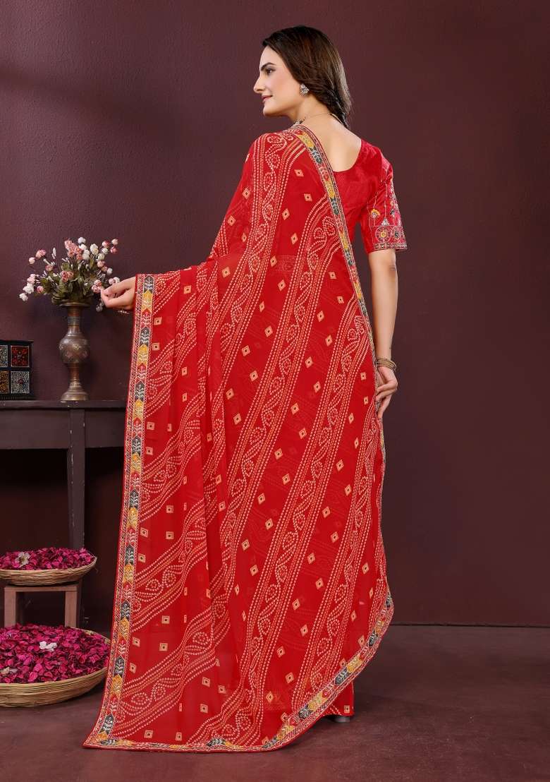 Red Embroidered Georgette Saree Set for Diwali and Festive Wear - Indya