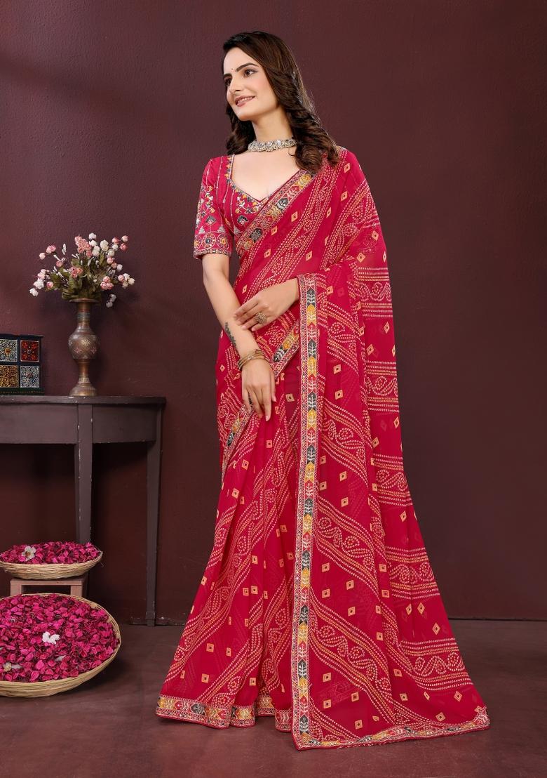 Pink Embroidered Georgette Saree Set - Indya