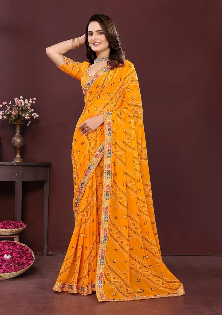 Yellow Embroidered Georgette Saree Set - Indya