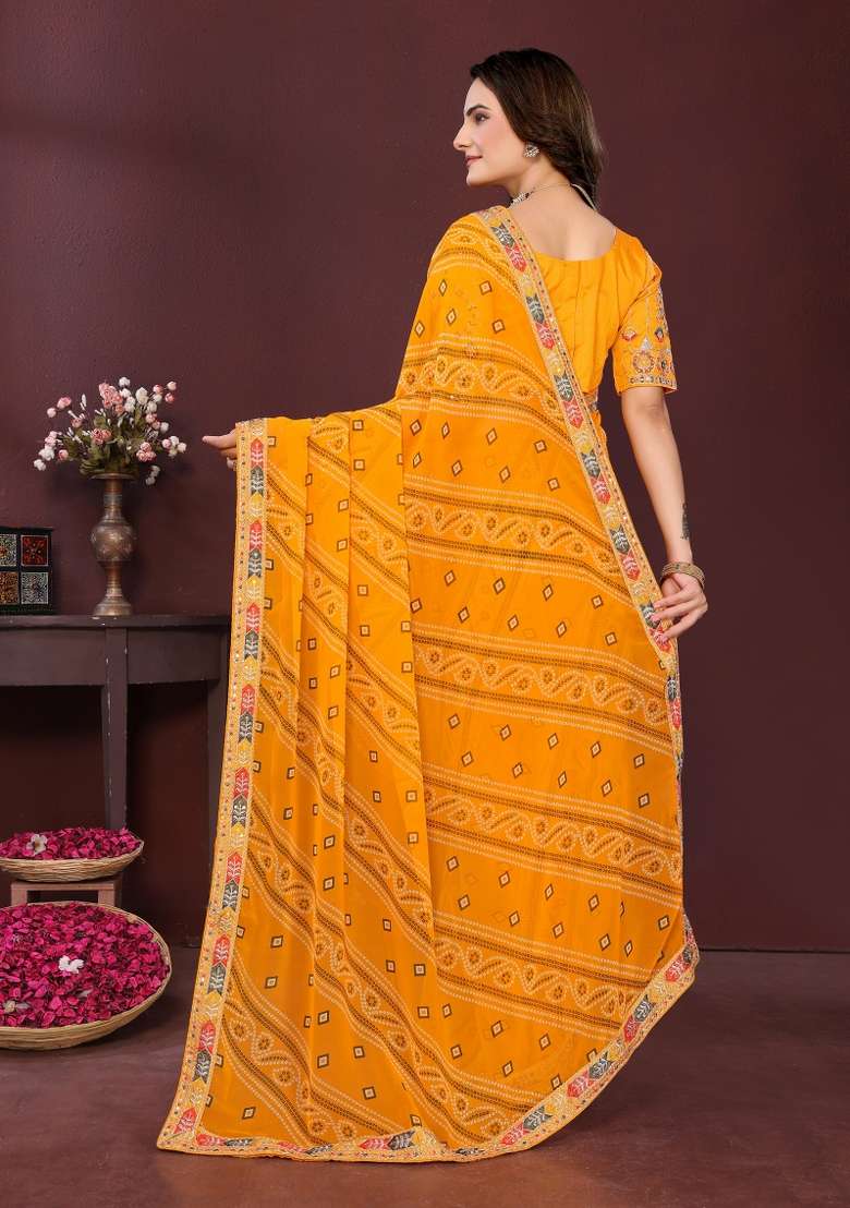 Yellow Embroidered Georgette Saree Set for Diwali and Festive Wear - Indya