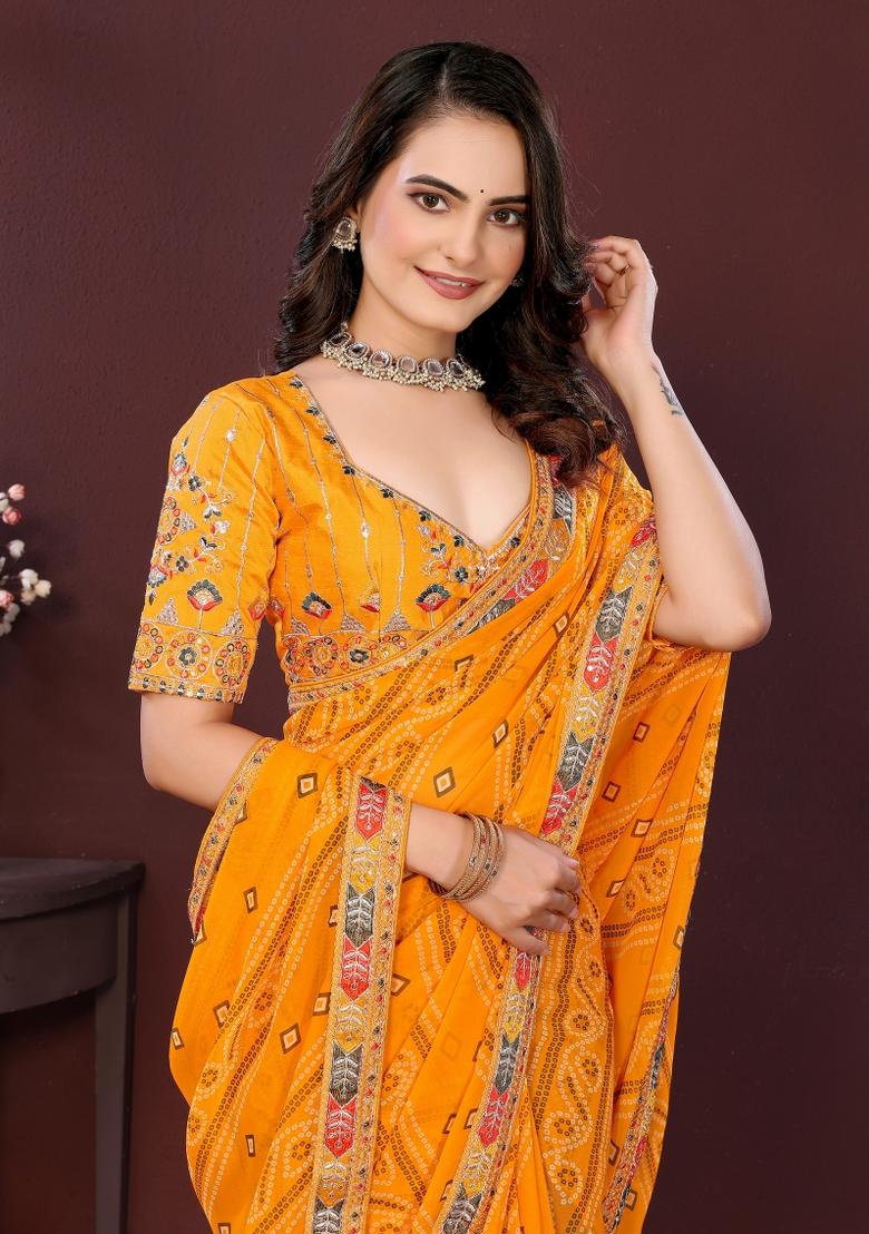 Yellow Embroidered Georgette Saree Set - Indya