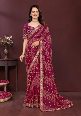 Burgundy Embroidered Georgette Saree Set