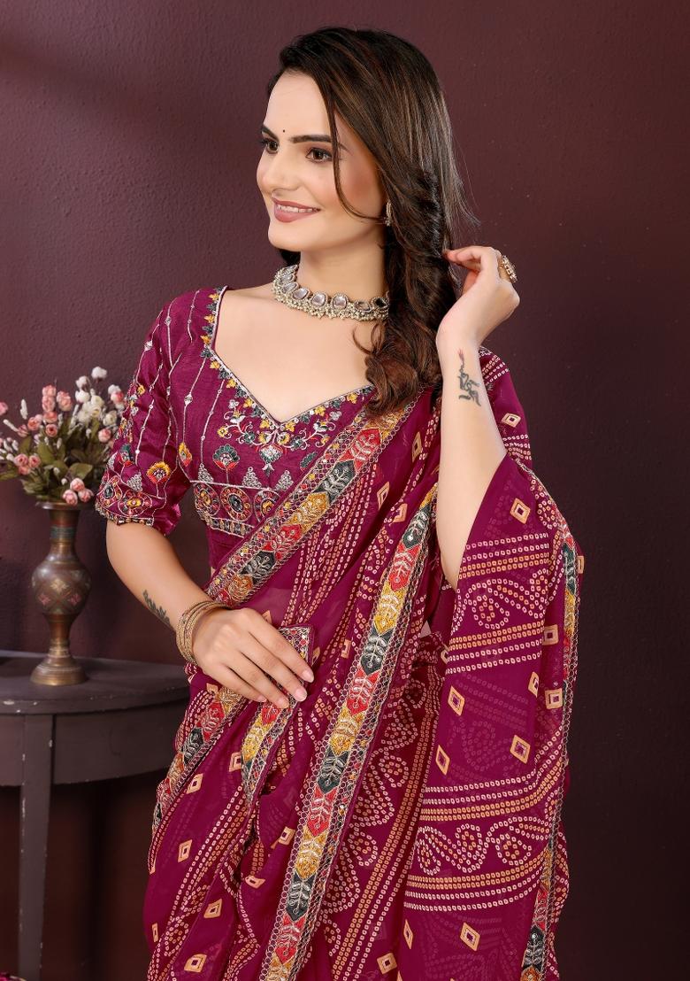 Burgundy Embroidered Georgette Saree Set - Indya