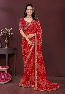 Red Embroidered Georgette Saree Set
