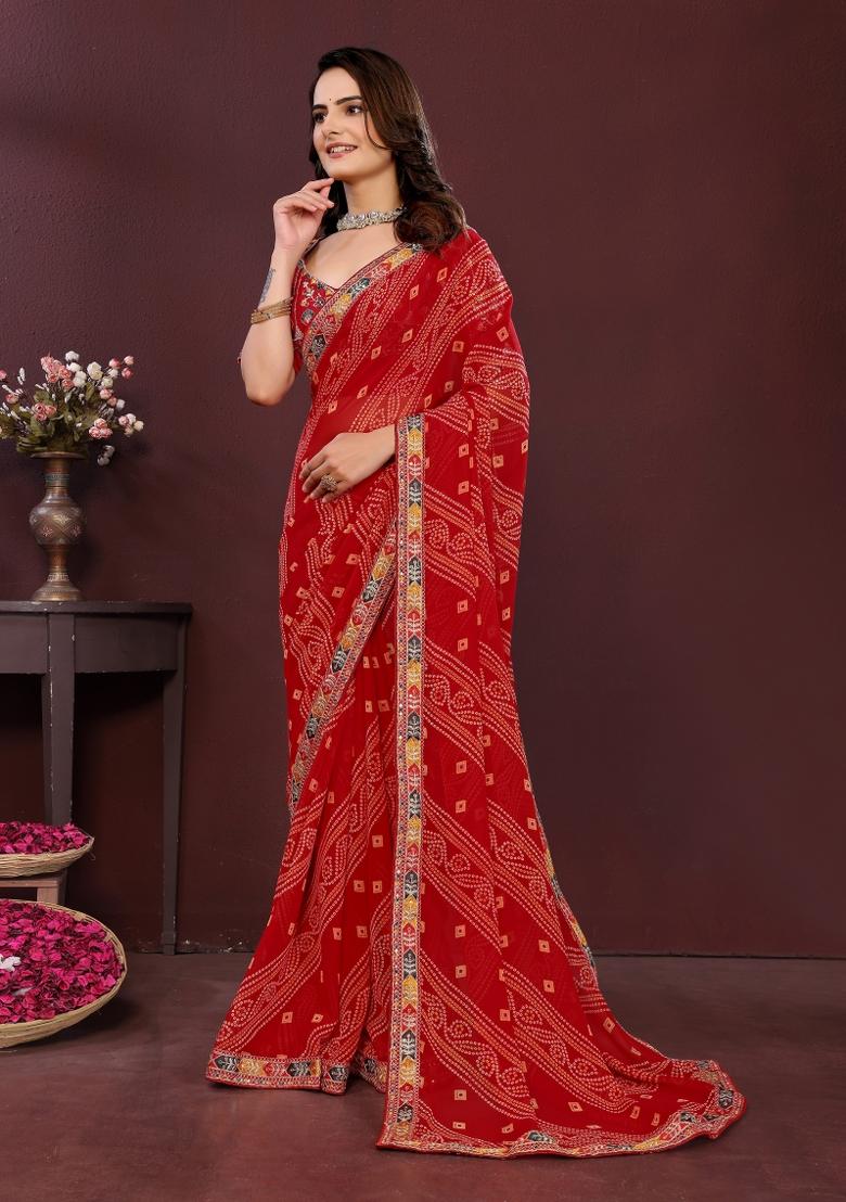 Red Embroidered Georgette Saree Set - Indya