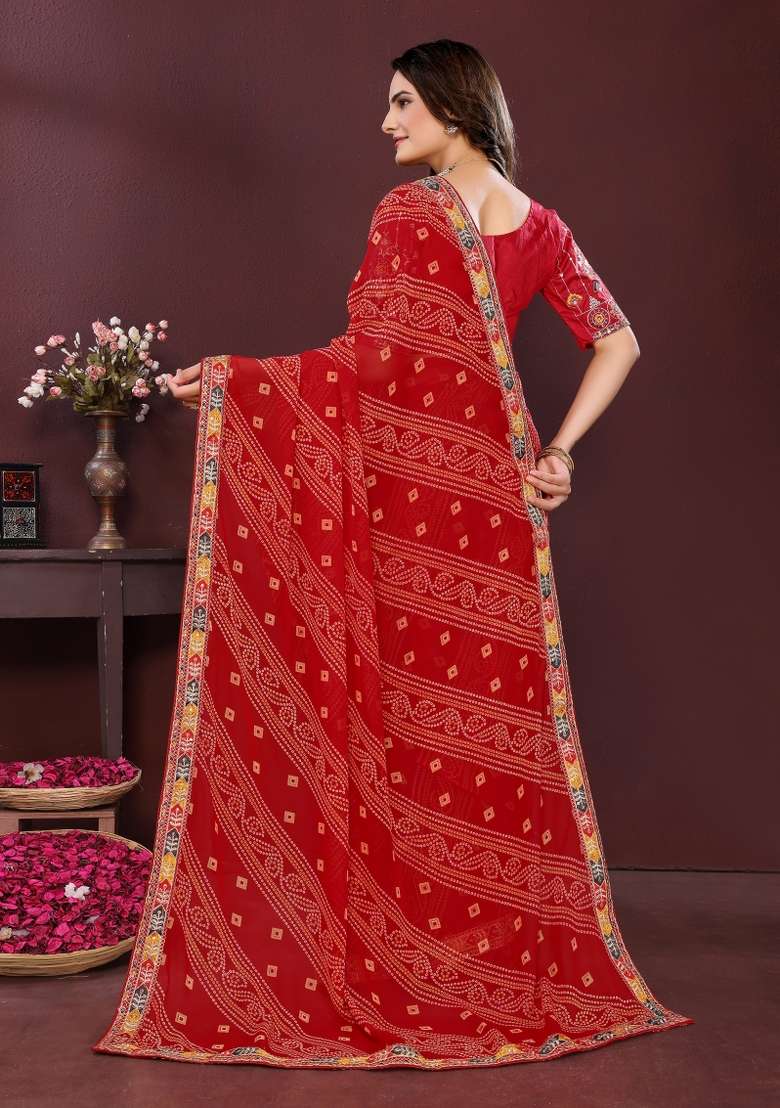 Red Georgette Saree Set with Embroidered for Diwali | Wedding & Festive Wear - Indya