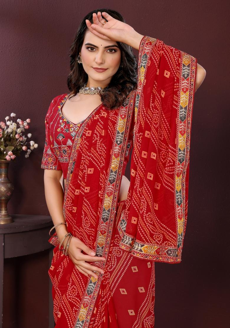 Red Embroidered Georgette Saree Set - Indya