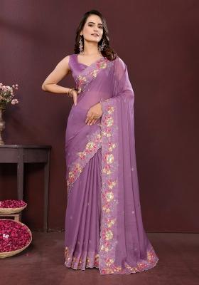 Lavender Embroidered Georgette Saree Set