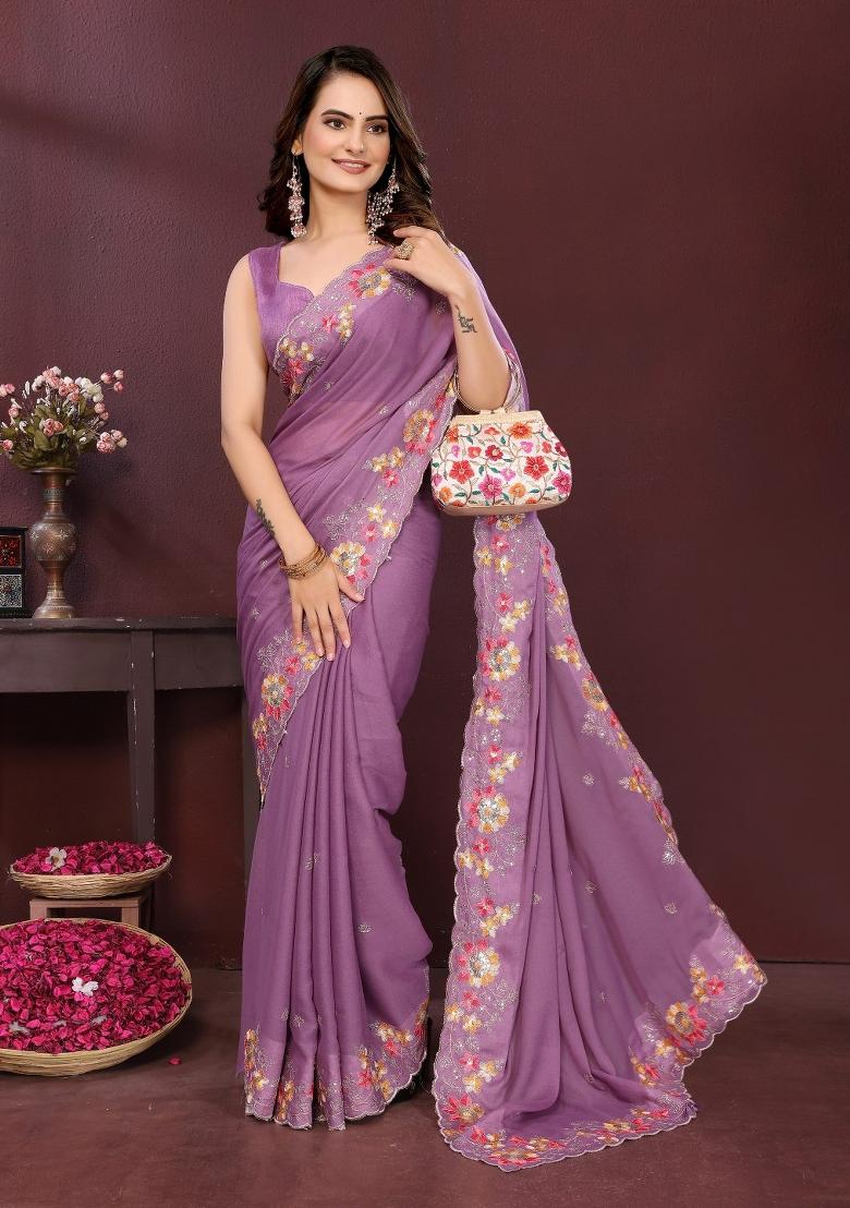 Lavender Embroidered Georgette Saree Set - Indya